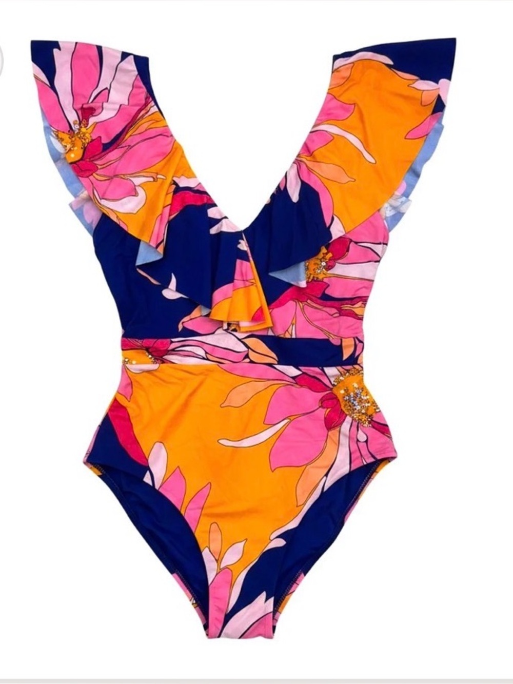 Trina Turk Tropical Floral One-Piece Resort Luxe Ruffle Shoulder Swimsuit Size 6